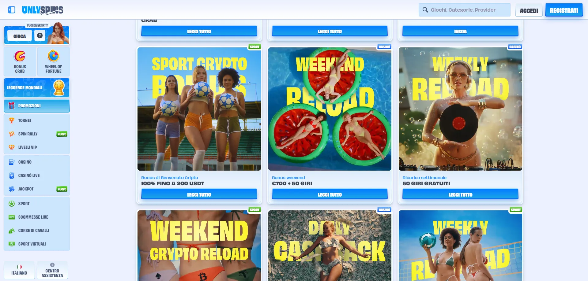 OnlySpins Casin&ograve; bonus di benvenuto 200 giri gratis fino a &euro;500