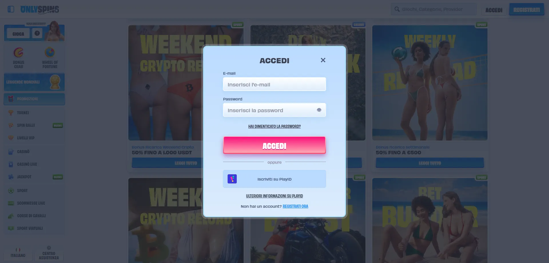 Accedere account OnlySpins Casin&ograve; login sicuro