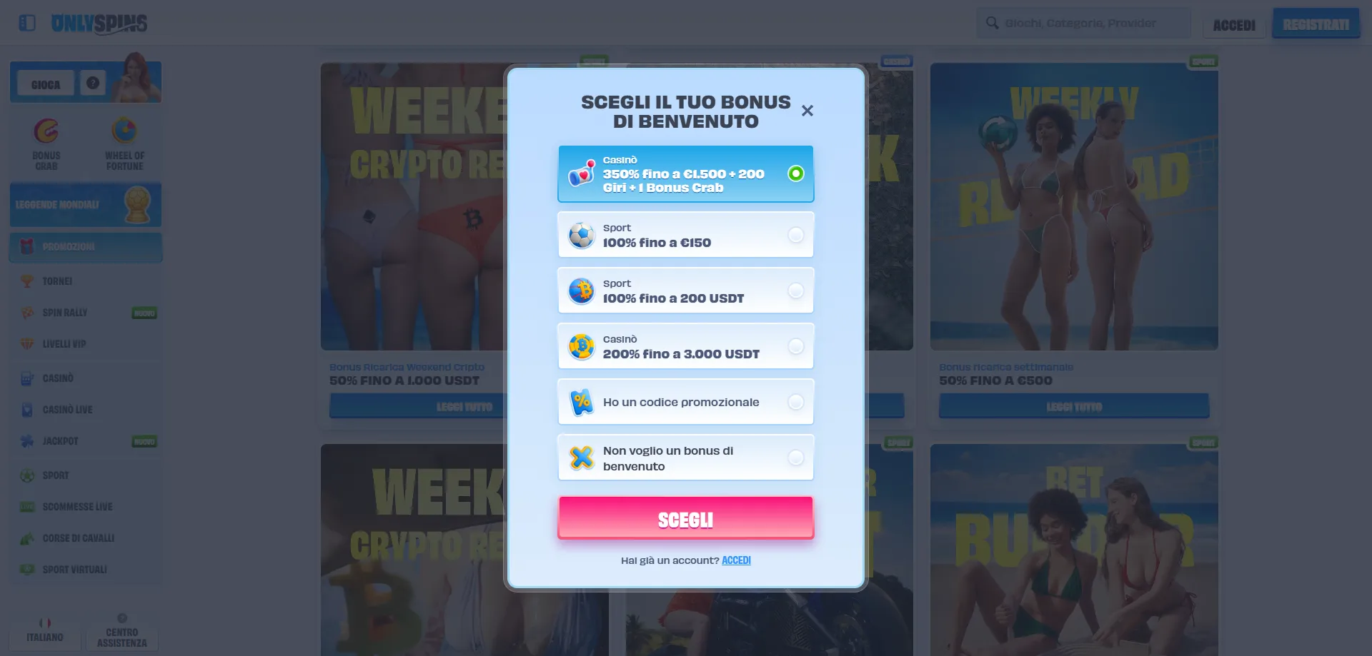 Registrazione account OnlySpins Casin&ograve; Italia passo per passo