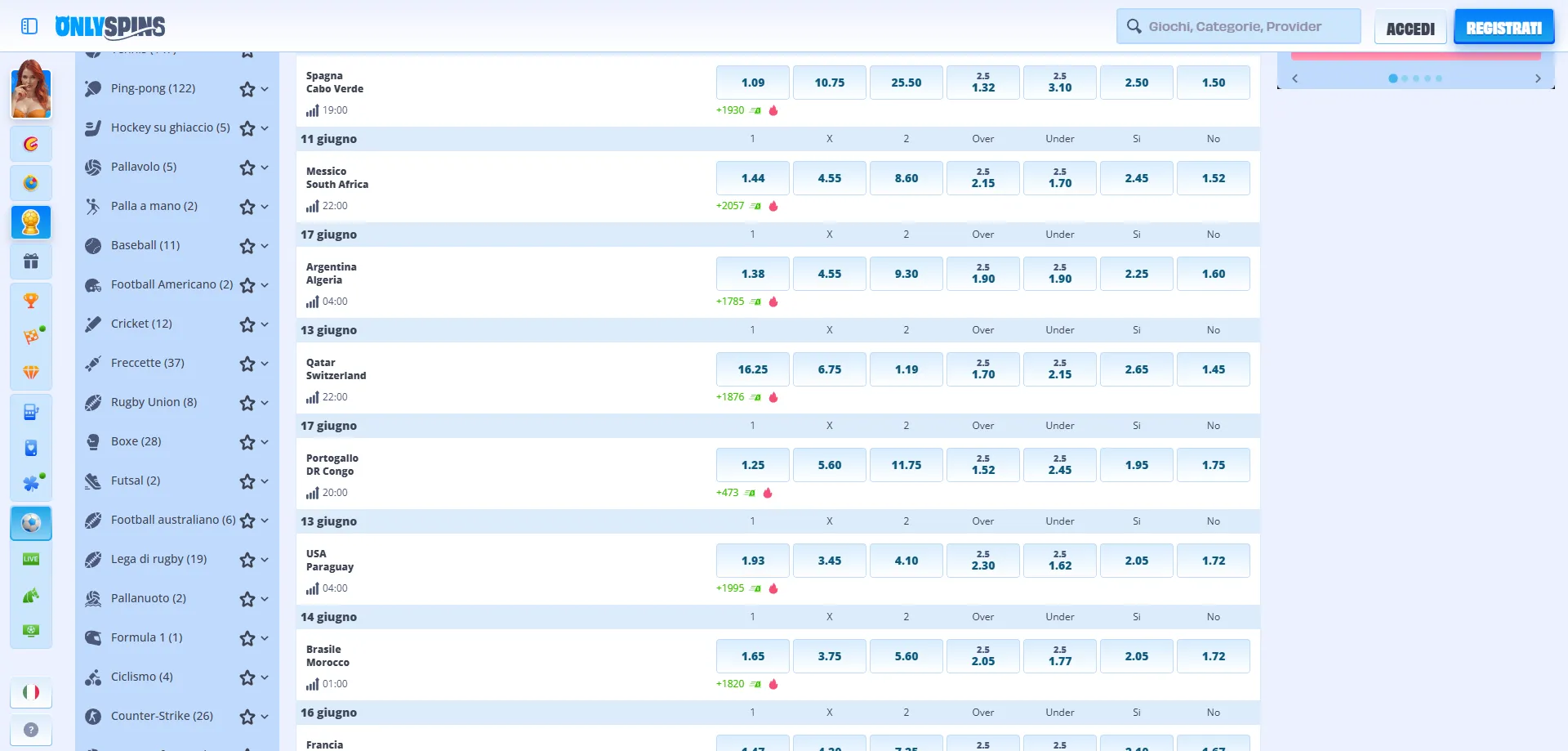 Scommesse sportive OnlySpins Casin&ograve; offerta completa 2026
