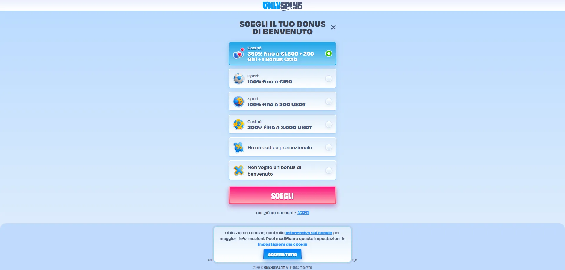 OnlySpins Casin&ograve; Italia panoramica giochi e bonus 2026