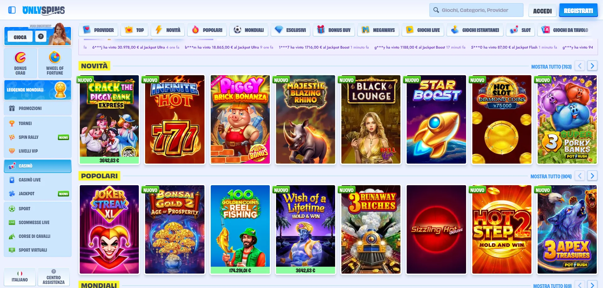 Slot machine OnlySpins Casin&ograve; migliori giochi disponibili 2026